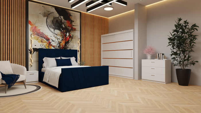 Dormitor Tony Tapitat Stofa Albastra cu dulap 200*200 usi glisante Alb, noptiere si comoda [3]