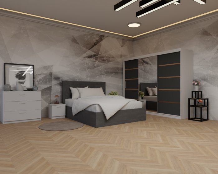 Dormitor: Lotus Pat Tapitat Dressing 250x200 Alb&Antracit 3 Usi cu Oglinda [2]