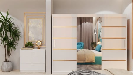 Dormitor Lucas Tapitat cu dulap 250*200 usi glisante Alb cu Oglinda, noptiere si comoda [3]