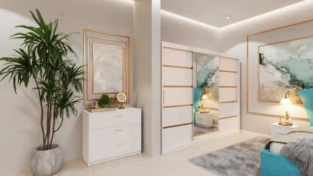 Dormitor Lucas Tapitat cu dulap 250*200 usi glisante Alb cu Oglinda, noptiere si comoda [4]