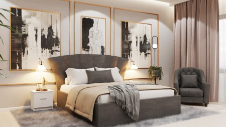 Dormitor Lucas Tapitat cu dulap 250*200 usi glisante Alb, noptiere si comoda [1]