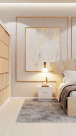 Dormitor Lucas Tapitat cu dulap 250*200 usi glisante Alb&Sonoma, noptiere si comoda [4]