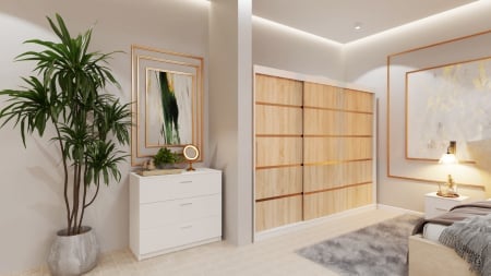 Dormitor Lucas Tapitat cu dulap 250*200 usi glisante Alb&Sonoma, noptiere si comoda [3]