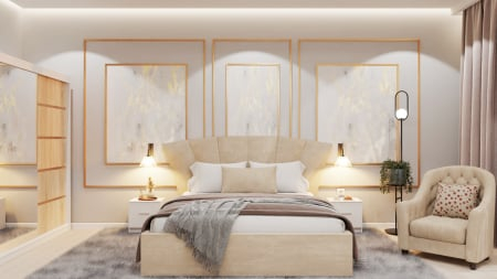 Dormitor Lucas Tapitat cu dulap 250*200 usi glisante Alb&Sonoma cu Oglinda, noptiere si comoda [1]