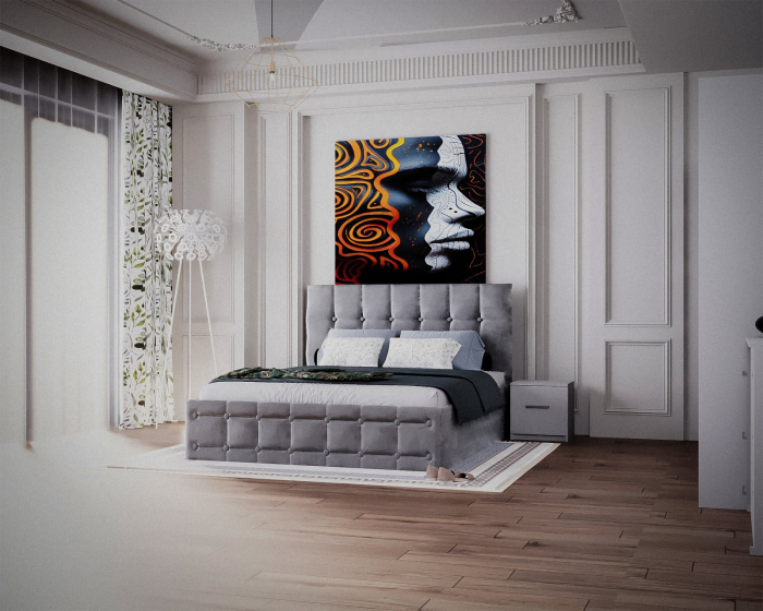 Dormitor Regal cu Pat Tapitat cu dulap 250x200 usi glisante cu Oglinda, noptiere si comoda [3]