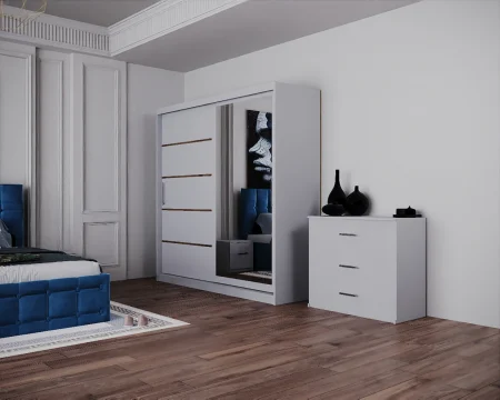 Dormitor Regal cu Pat Tapitat Stofa Albastra cu dulap 200*200 usi glisante Alb cu Oglinda, noptiere si comoda [5]
