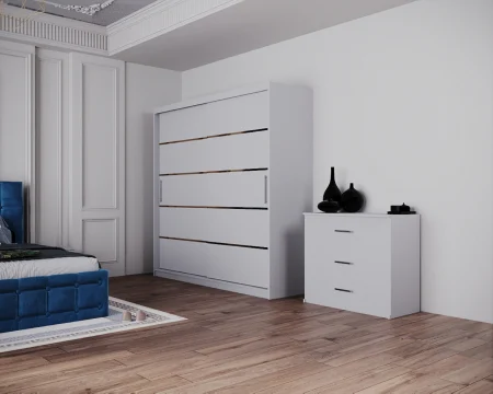 Dormitor Regal cu Pat Tapitat Stofa Albastra cu dulap 200*200 usi glisante Alb, noptiere si comoda [5]