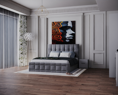 Dormitor Regal cu Pat Tapitat Stofa Gri cu dulap 200*200 usi glisante Alb&Antracit, noptiere si comoda [4]