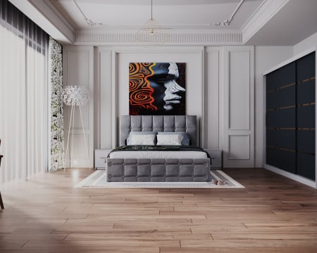 Dormitor Regal cu Pat Tapitat Stofa Gri cu dulap 250*200 usi glisante Alb&Antracit, noptiere si comoda [2]