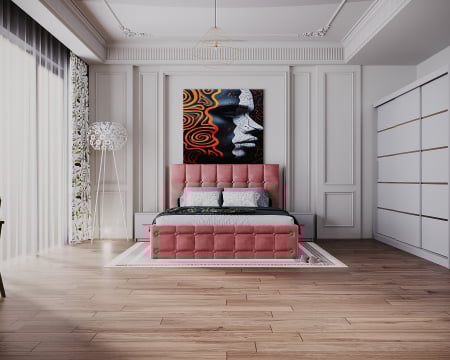 Dormitor Regal cu Pat Tapitat Stofa Roz cu dulap 250*200 usi glisante Alb, noptiere si comoda [2]