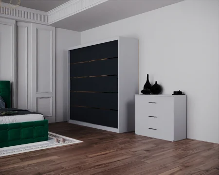 Dormitor Regal cu Pat Tapitat Stofa Verde cu dulap 200*200 usi glisante Alb&Antracit cu, noptiere si comoda [5]