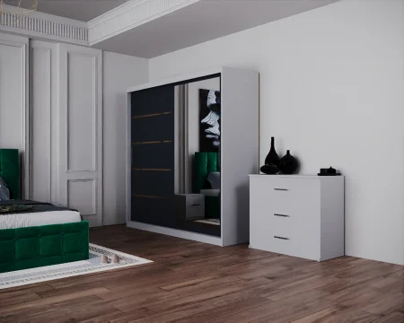 Dormitor Regal cu Pat Tapitat Stofa Verde cu dulap 200*200 usi glisante Alb&Antracit cu Oglinda, noptiere si comoda [5]