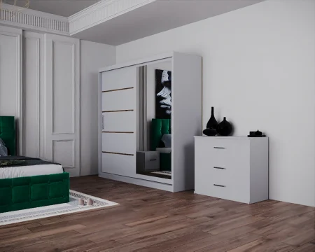 Dormitor Regal cu Pat Tapitat Stofa Verde cu dulap 200*200 usi glisante Alb cu Oglinda, noptiere si comoda [5]