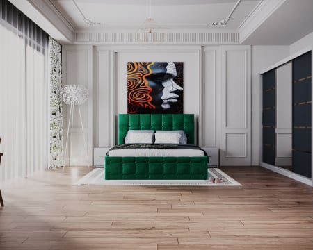 Dormitor Regal cu Pat Tapitat Stofa Verde cu dulap 250*200 usi glisante Alb&Antracit cu Oglinda, noptiere si comoda [2]