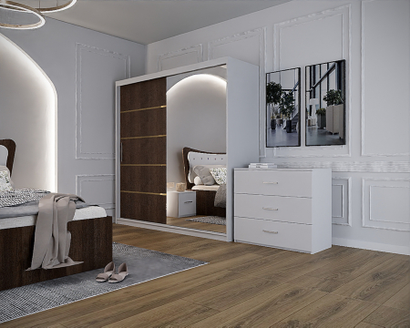 Dormitor Vista cu Pat Tapitat Wenge&Alb cu dulap 200*200 usi glisante Wenge&Alb cu Oglinda, noptiere si comoda [5]