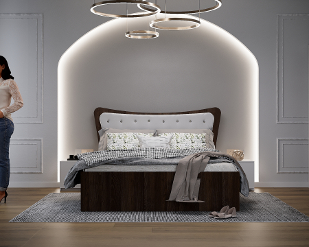 Dormitor Vista cu Pat Tapitat Wenge&Alb cu dulap 200*200 usi glisante Wenge&Alb cu Oglinda, noptiere si comoda [2]