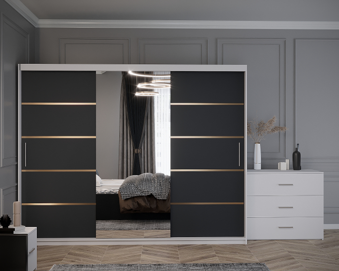 Dormitor Vista Tapitat Alb&Gri Antracit Dressing 3 usi cu Oglinda 250x200 [3]