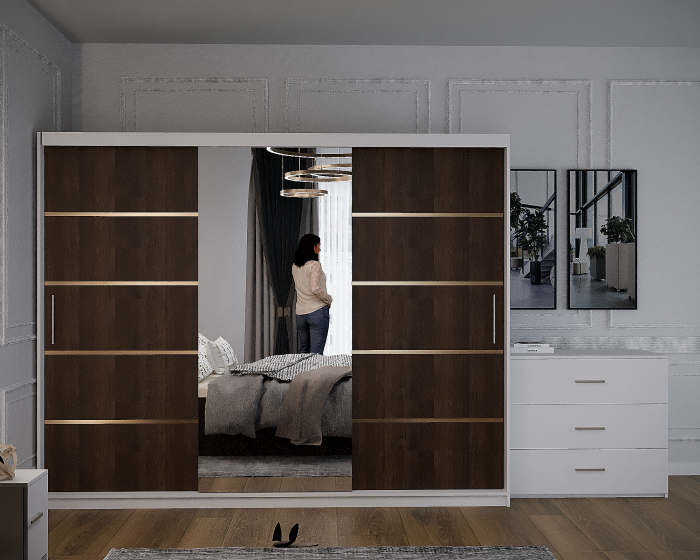 Dormitor Vista Tapitat Wenge&Alb Dressing 3 usi cu Oglinda 250x200 [3]