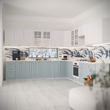 Bucatarii pe Colt - Bucatarie Modena Colt MDF 260 x 90 x 260 cm Alb&Bleu