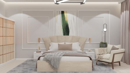 Mobilier Dormitor - Dormitor Lucas cu Pat Tapitat Stofa Bej cu dulap 200*200 usi glisante Sonoma&Alb cu noptiere si comoda