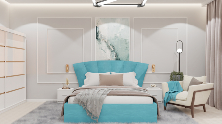 Mobilier Dormitor - Dormitor Lucas cu Pat Tapitat Stofa Turcoaz cu dulap 200*200 usi glisante Alb cu noptiere si comoda