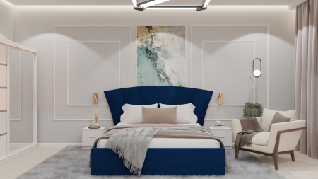 Mobilier Dormitor - Dormitor Lucas cu Pat Tapitat Stofa Albastru cu dulap 200*200 usi glisante Alb cu Oglinda, noptiere si comoda