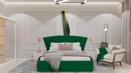 Mobilier Dormitor - Dormitor Lucas cu Pat Tapitat Stofa Verde cu dulap 200*200 usi glisante Sonoma&Alb cu Oglinda, noptiere si comoda