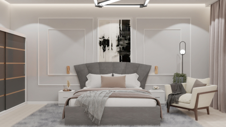 Mobilier Dormitor - Dormitor Lucas cu Pat Tapitat Stofa Gri cu dulap 200*200 usi glisante Antracit&Alb cu noptiere si comoda