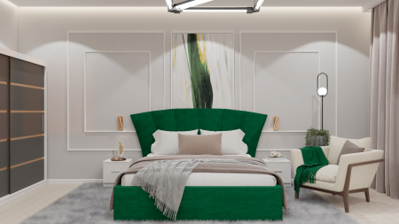 Mobilier Dormitor - Dormitor Lucas cu Pat Tapitat Stofa Verde cu dulap 200*200 usi glisante Antracit&Alb cu, noptiere si comoda