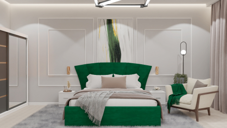 Mobilier Dormitor - Dormitor Lucas cu Pat Tapitat Stofa Verde cu dulap 200*200 usi glisante Antracit&Alb cu Oglinda, noptiere si comoda