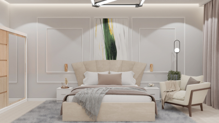 Mobilier Dormitor - Dormitor Lucas cu Pat Tapitat Stofa Bej cu dulap 200*200 usi glisante Sonoma&Alb cu Oglinda, noptiere si comoda