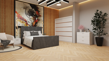 Dormitor Tony Tapitat Stofa Gri cu dulap 200*200 usi glisante Alb, noptiere si comoda [1]