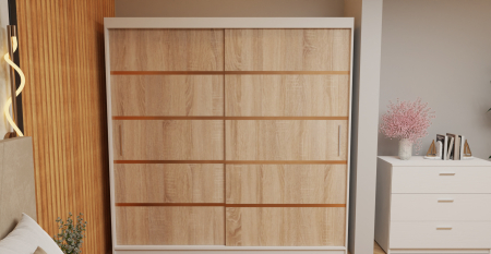 Dormitor Tony Tapitat Stofa Bej cu dulap 200*200 usi glisante Sonoma&Alb, noptiere si comoda [2]