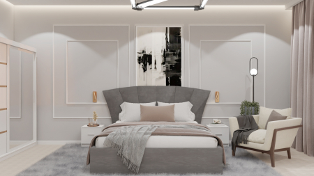 Mobilier Dormitor - Dormitor Lucas cu Pat Tapitat Stofa Gri cu dulap 200*200 usi glisante Alb cu Oglinda, noptiere si comoda