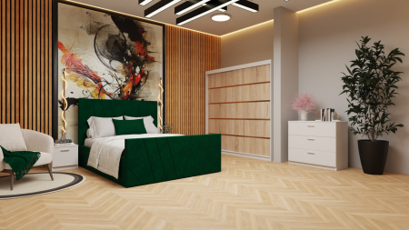 Dormitor Tony Tapitat Stofa Verde cu dulap 200*200 usi glisante Sonoma&Alb, noptiere si comoda [1]