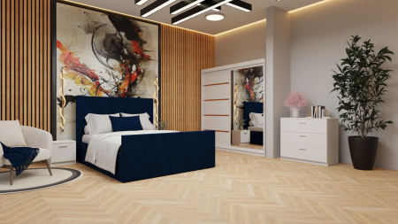 Dormitor Tony Tapitat Stofa Albastru cu dulap 200*200 usi glisante Alb cu Oglinda, noptiere si comoda [2]