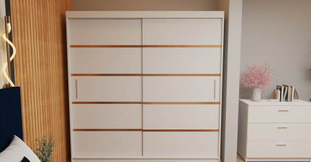 Dormitor Tony Tapitat Stofa Albastra cu dulap 200*200 usi glisante Alb, noptiere si comoda [3]