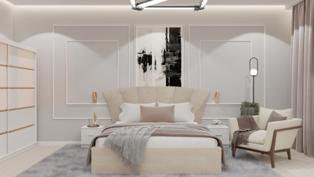Mobilier Dormitor - Dormitor Lucas cu Pat Tapitat Stofa Bej cu dulap 200*200 usi glisante Alb cu noptiere si comoda