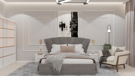 Mobilier Dormitor - Dormitor Lucas cu Pat Tapitat Stofa Gri cu dulap 200*200 usi glisante Alb cu noptiere si comoda