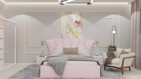 Mobilier Dormitor - Dormitor Lucas cu Pat Tapitat Stofa Roz cu dulap 200*200 usi glisante Alb cu Oglinda, noptiere si comoda