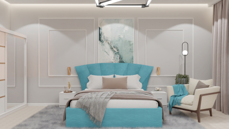 Mobilier Dormitor - Dormitor Lucas cu Pat Tapitat Stofa Turcoaz cu dulap 200*200 usi glisante Alb cu Oglinda, noptiere si comoda