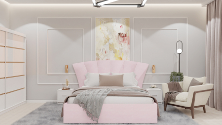 Mobilier Dormitor - Dormitor Lucas cu Pat Tapitat Stofa Roz cu dulap 200*200 usi glisante Alb cu noptiere si comoda