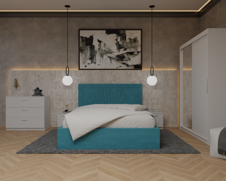 Mobilier Dormitor - Dormitor Lotus Pat Tapitat Dressing 150x200 Alb 2 usi cu Oglinda