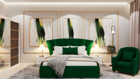 Mobila Dormitor - Dormitor Lucas Tapitat cu dulap 250*200 usi glisante Alb&Antracit cu Oglinda, noptiere si comoda