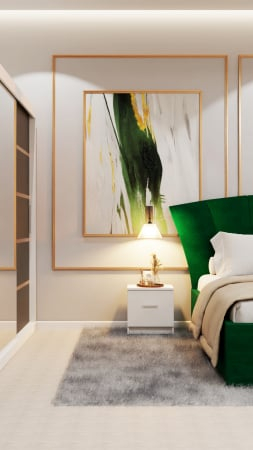 Dormitor Lucas Tapitat cu dulap 250*200 usi glisante Alb&Antracit cu Oglinda, noptiere si comoda [4]