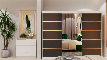 Dormitor Lucas Tapitat cu dulap 250*200 usi glisante Alb&Antracit cu Oglinda, noptiere si comoda [3]