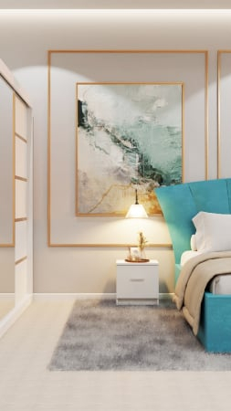 Dormitor Lucas Tapitat cu dulap 250*200 usi glisante Alb cu Oglinda, noptiere si comoda [4]