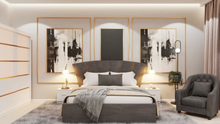 Dormitor Lucas Tapitat cu dulap 250*200 usi glisante Alb, noptiere si comoda [1]