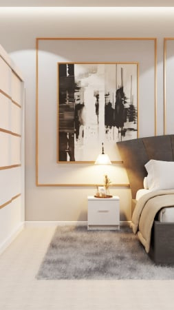 Dormitor Lucas Tapitat cu dulap 250*200 usi glisante Alb, noptiere si comoda [4]