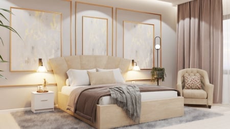 Dormitor Lucas Tapitat cu dulap 250*200 usi glisante Alb&Sonoma, noptiere si comoda [1]